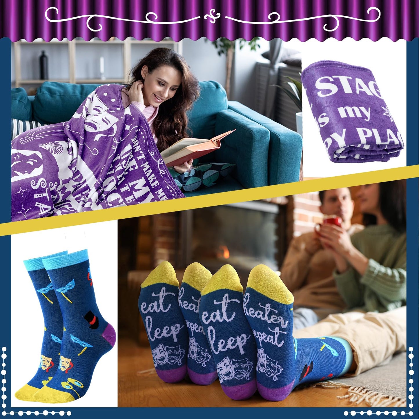 HunnmingRe 2 Pcs Theater Lovers Gifts for Girls Women Men Movie Musical Theater Drama Throw Blankets and Socks Gifts 50" x 60" for Actors Broadway Favors
