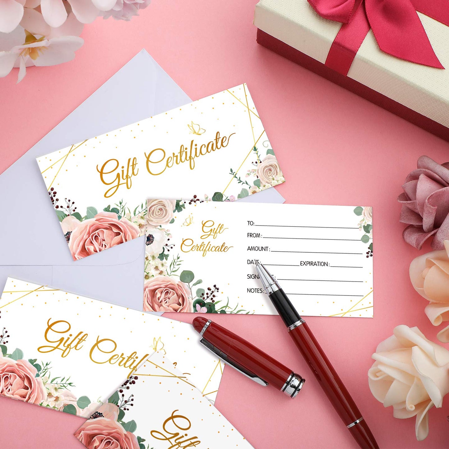 Zonon 100 Pcs gift certificates for business Blank Present Certificate Double Sided Floral Gold Foil Customer Client Paper Voucher Cards for Birthday, Spa, Work Business Present Card, 4.8 x 2.4 Inch
