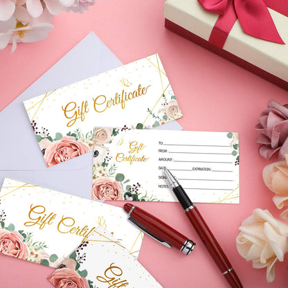Zonon 100 Pcs gift certificates for business Blank Present Certificate Double Sided Floral Gold Foil Customer Client Paper Voucher Cards for Birthday, Spa, Work Business Present Card, 4.8 x 2.4 Inch