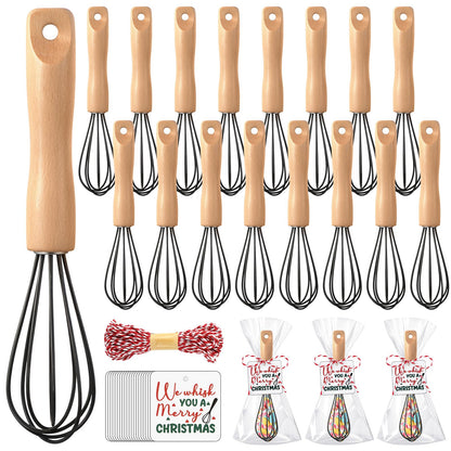 Baderke 20 Sets Baking Gifts Set Includes 8 Inch Silicone Whisk with Wood Handle Wired Stainless Steel Whisk Set Greeting Cards Plastic Bags for Party Birthday Christmas Stuffers Gift(Black)