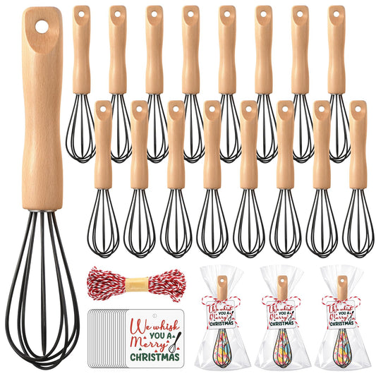 Baderke 20 Sets Baking Gifts Set Includes 8 Inch Silicone Whisk with Wood Handle Wired Stainless Steel Whisk Set Greeting Cards Plastic Bags for Party Birthday Christmas Stuffers Gift(Black)
