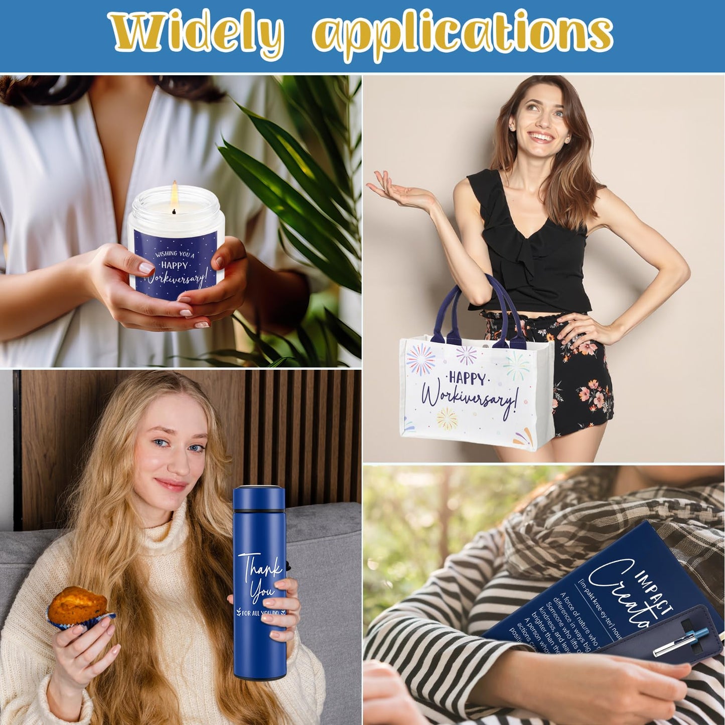 Thenshop 6 Pcs Happy Workiversary Gifts Set for Men Women Employee Appreciation Gifts Include Tumbler Leather Notebook Pen Tote Bag Scented Candle for Office Coworker Employee (Blue)