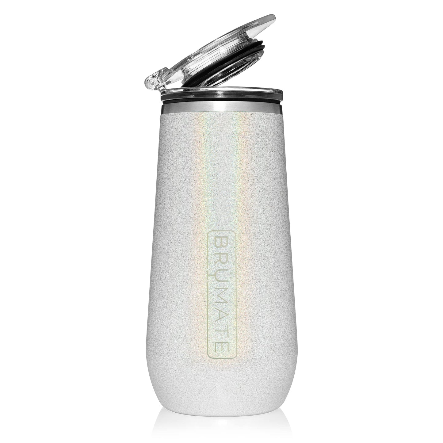 BrüMate Champagne Flute 12oz with Flip-Top Lid to Hold in Carbonation | Insulated Stainless Steel for Ice Cold Champagne | BPA-Free (Glitter White)