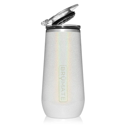 BrüMate Champagne Flute 12oz with Flip-Top Lid to Hold in Carbonation | Insulated Stainless Steel for Ice Cold Champagne | BPA-Free (Glitter White)