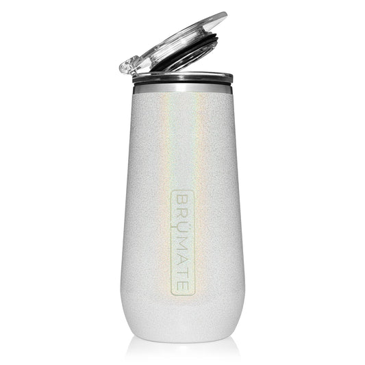 BrüMate Champagne Flute 12oz with Flip-Top Lid to Hold in Carbonation | Insulated Stainless Steel for Ice Cold Champagne | BPA-Free (Glitter White)