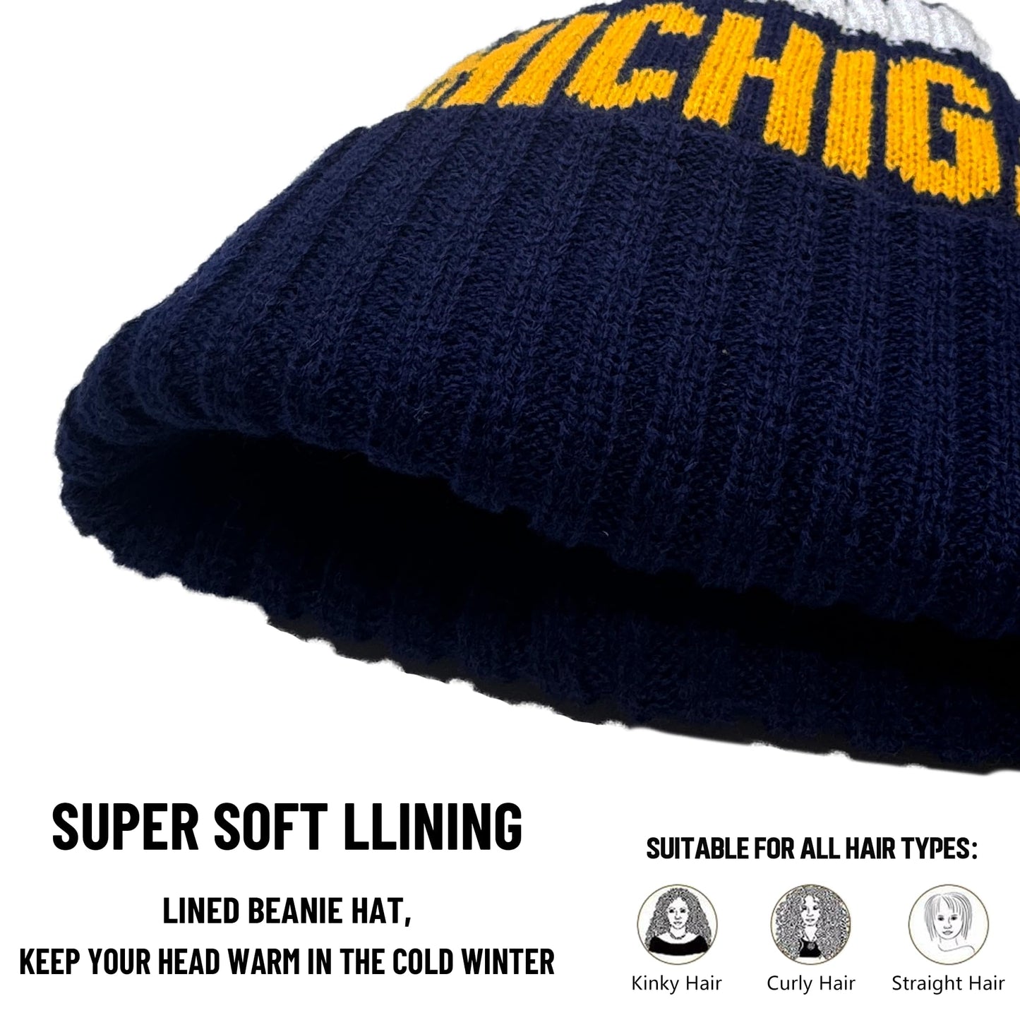 Beanie Knit Hat with Pom Winter Cuffed Cap Sport Fans Gift for Men Women