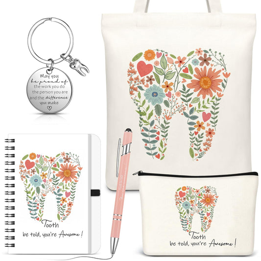 Kinlop 5 Pcs Floral Tooth Dental Gift Set for Women Include Tote Bag Canvas Cosmetic Bag Coil Notebook Keychain and Ballpoint Pen for Women Girls