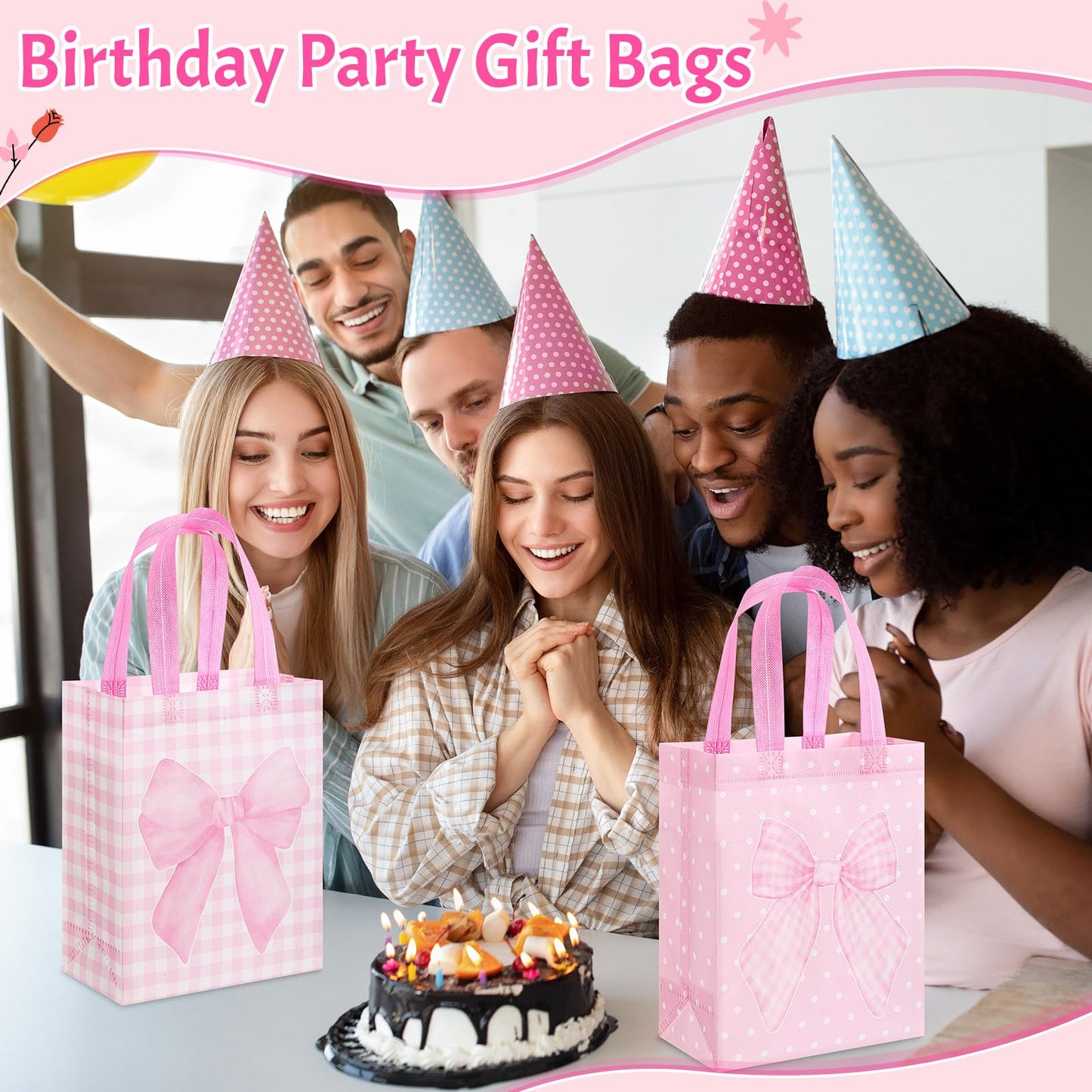 Wovnet 30 Pcs Pink Bow Gift Bags Reusable Non Woven Party Favor Bag Coquette Bow Goodie Treat Bags with Handle for Girls Wedding Bridal Shower Tea Party Birthday 10 x 8 x 4in