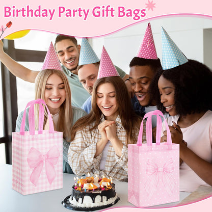 Wovnet 30 Pcs Pink Bow Gift Bags Reusable Non Woven Party Favor Bag Coquette Bow Goodie Treat Bags with Handle for Girls Wedding Bridal Shower Tea Party Birthday 10 x 8 x 4in