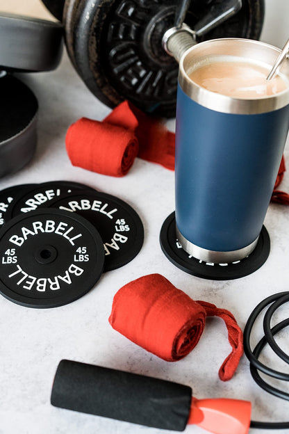 Barbell Bumper Plate Drink Coasters Set of 6, Round Black Silicone Coasters for Coffee Table, Absorbent Coaster for Drinks, Fitness Gym Gifts for Men & Women, Weightlifting Coaster Gym Accessories