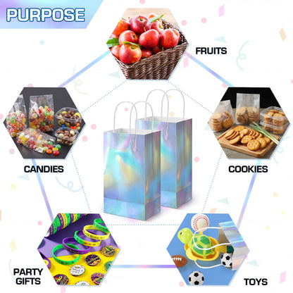Estune 60 Pcs Iridescent Gift Bag Bulk Thickened Holographic Party Favor Bag with Handle 8.3 x 5 x 3.2in Glossy Paper Candy Goodie Flower Handbag Kpop Disco Wedding Birthday Graduation Party Supply