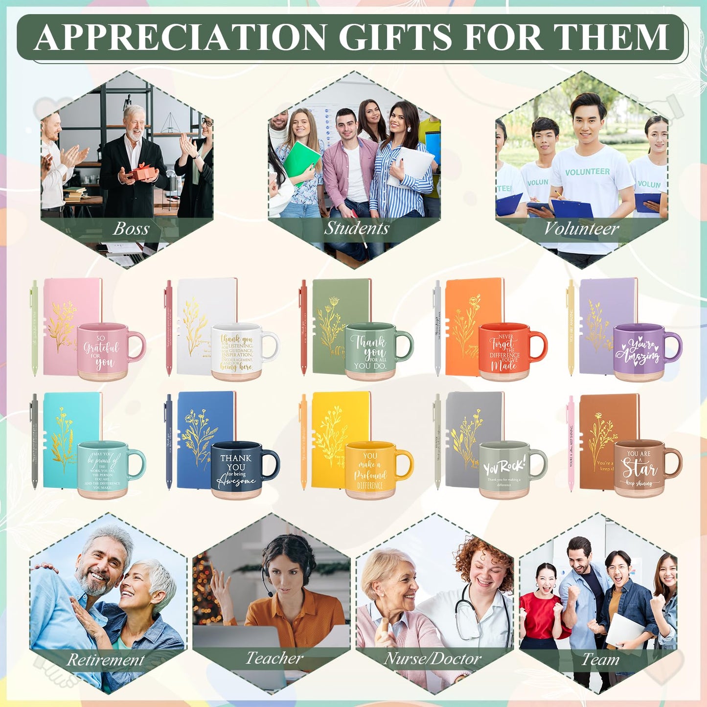 Didaey 10 Sets Employee Appreciation Gifts Set 13oz Inspirational Pastel Ceramic Coffee Mugs A6 Leather Notebooks Ballpoint Pens Bulk Thank You Gifts for Coworker Employees Staff Team Members