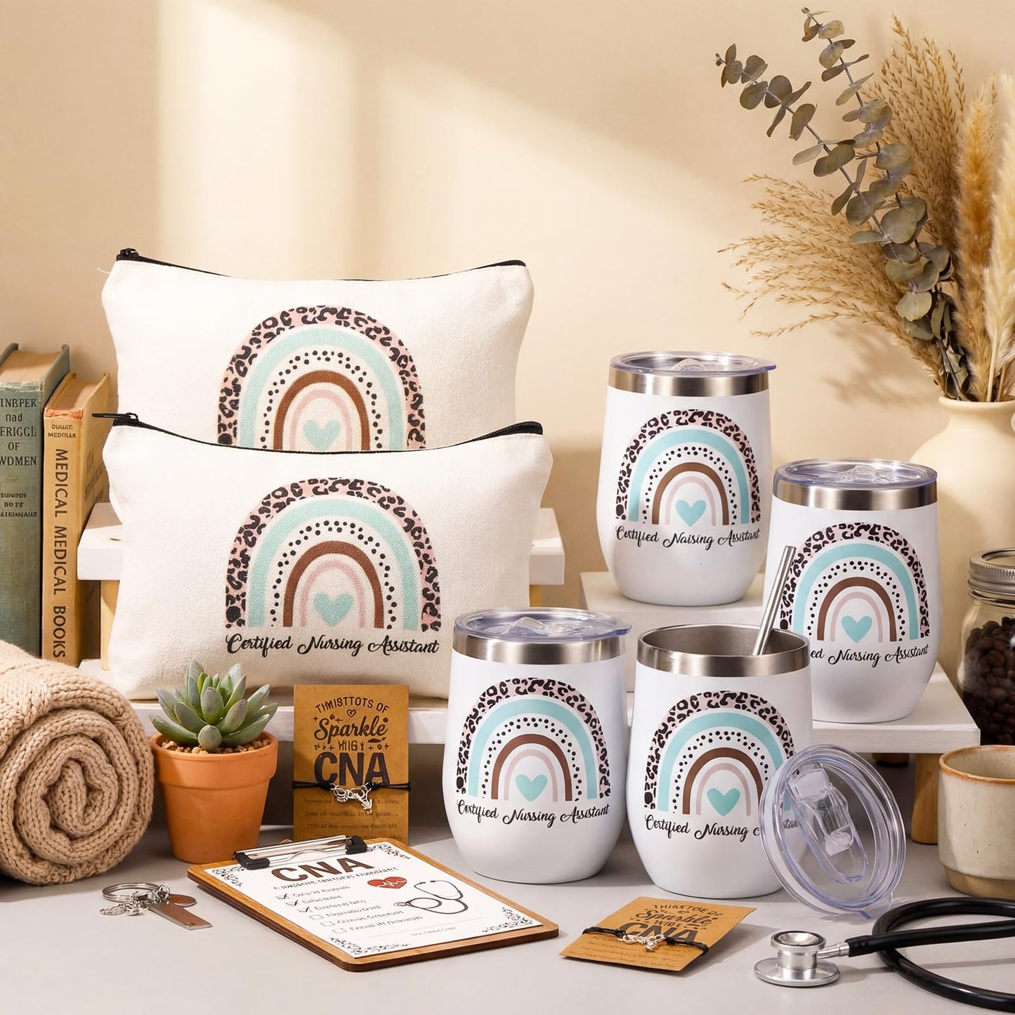 Maxcheck 16 Pcs Cna Week Gifts Set Include Tumbler Cosmetic Bag Keychain Bracelets and Cards for Cna Rn Nursing Student Graduation Office Essentials Nurse Week Appreciation Gift