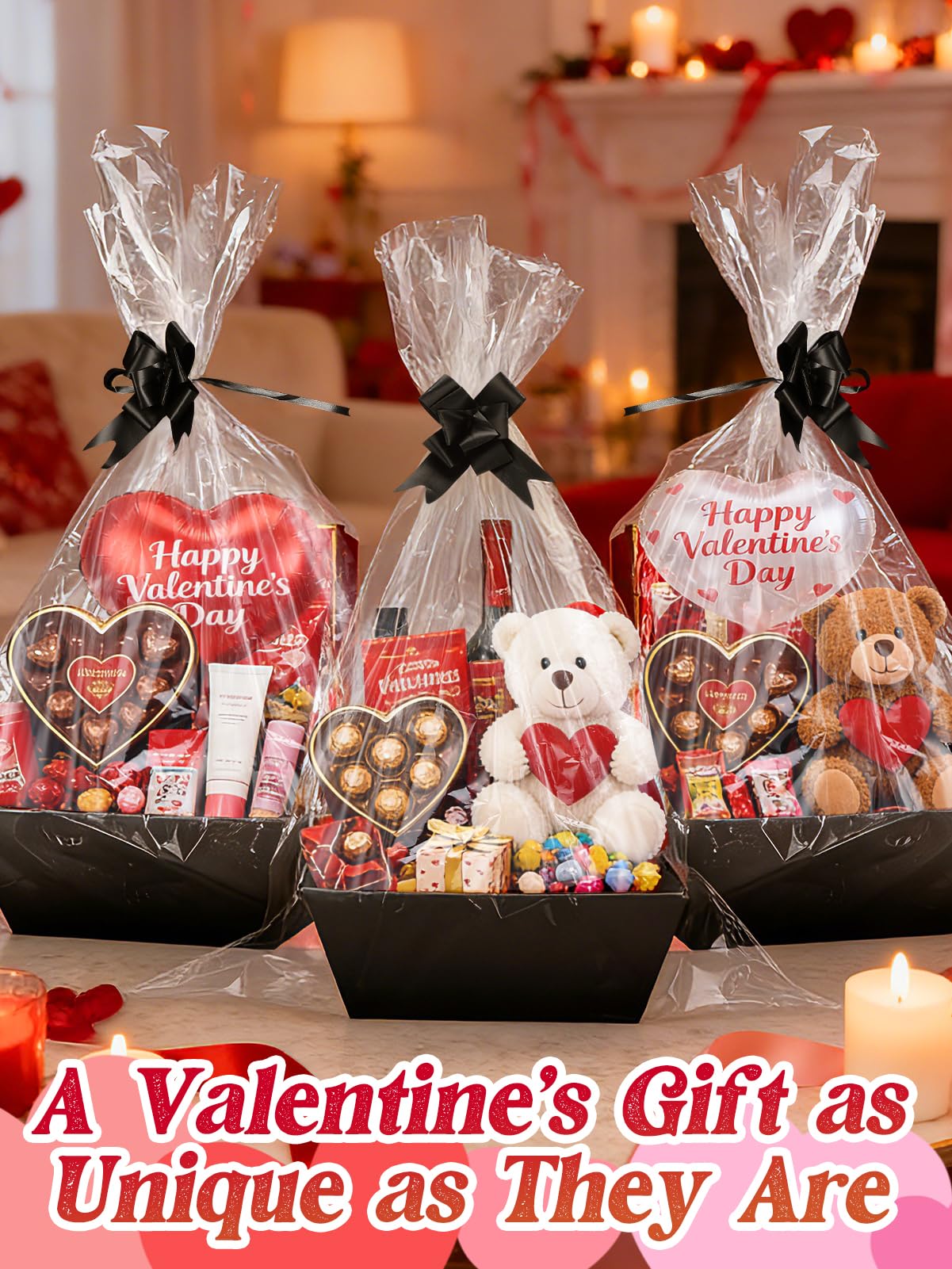 Beeplove 6 Sets Large Thick Kraft Baskets for Gifts Empty - Gift Baskets Empty Kit with Cellophane Wrap and Pull Bows for Wedding Birthday Bridesmaid Baby Shower, Black