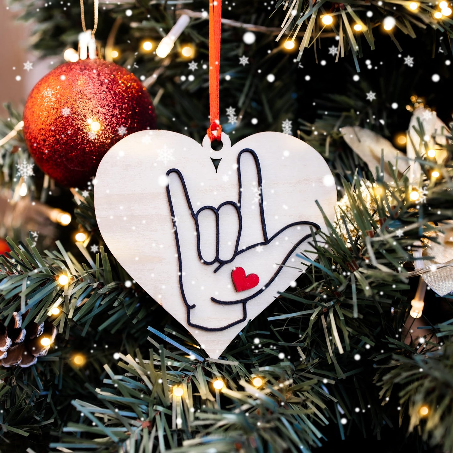Wooden Christmas Ornaments Sign Language Ornament, I Love You Heart, Christmas Ornament, American Sign Gift (LSO25)