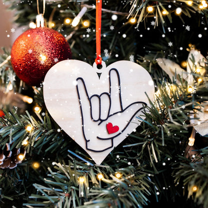 Wooden Christmas Ornaments Sign Language Ornament, I Love You Heart, Christmas Ornament, American Sign Gift (LSO25)