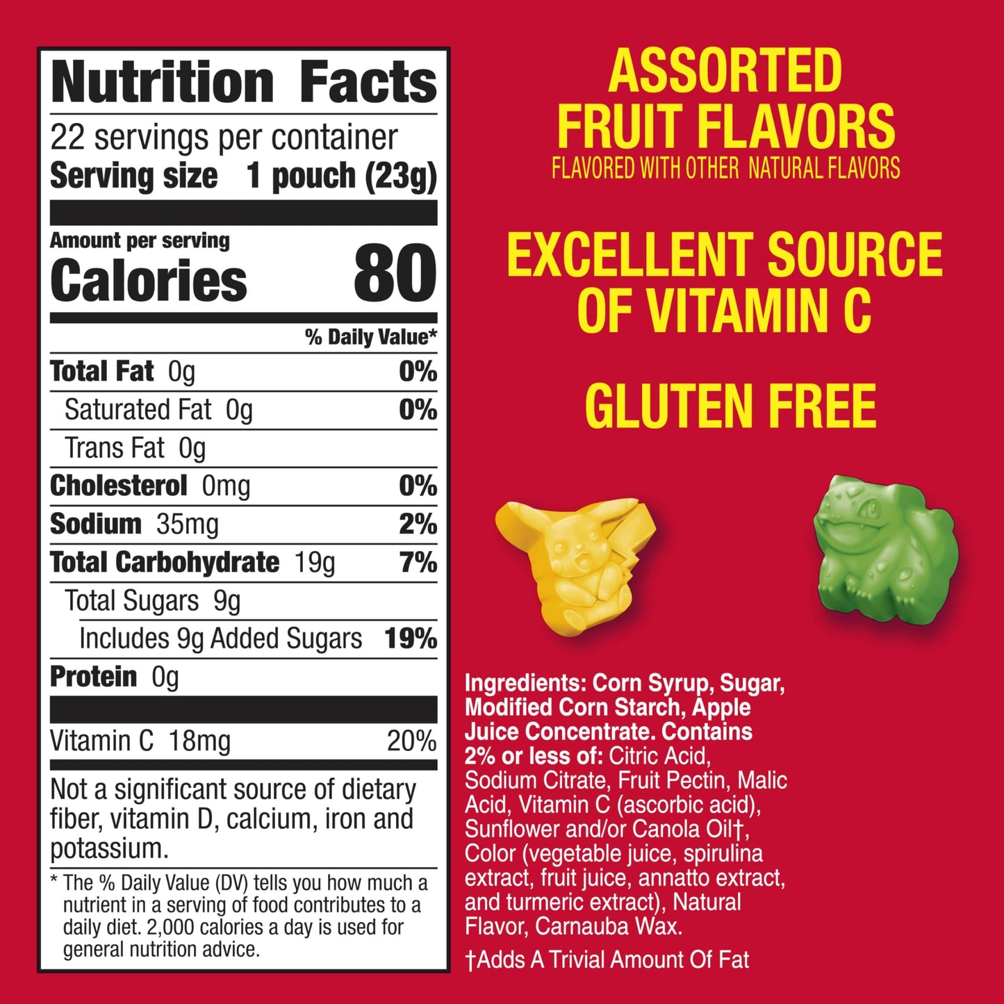 Pokemon Fruit Flavored Snacks, Fat Free and Gluten Free Snacks, 17.6 oz (22 Pouches)