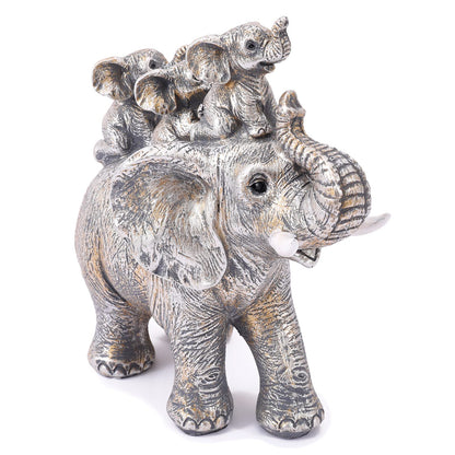 Cute Silver Elephant Statue Good Luck Elephant Carries Three Calves on Its Back Figurines Décor for Shelf Good Gifts for Women Decoration for Living Room, Bedroom, Office