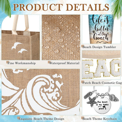 6 Pcs Beach Gifts for Women Set Beach Theme Gift Set Burlap Tote Bags Cosmetic Bag 20 oz Tumbler Keychain for Birthday Holiday Travel Wedding Bridal Shower Bride Bridesmaid Honeymoon(Classic)