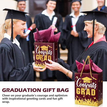 TaoBary 12 Pcs Graduation Gift Bags with Tissue Party Favor Bag Handles Class of 2026 Grad Paper Goodie Bulk for Congrats Supplies(Burgundy Gold)