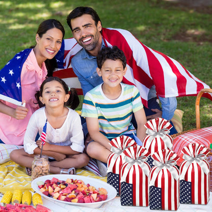 Clysee 100 Pcs Patriotic Gift Bags Bulk with Drawstring 4th of July Plastic American Flag Treat Goodie Bags USA Red Blue and White Candy Pouches Independence Day Patriotic Party Favors Supplies