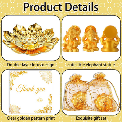 120 Pack Diwali Gifts Bulk with 30 Lotus Incense Holders, 30 Mini Golden Ganesha Ornaments, Organza Bags & Thank You Cards – Indian Return Gifts for Pooja, Festivals & Celebrations (Golden Set) (30)