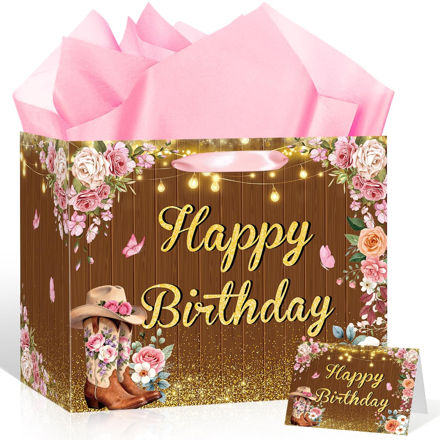 LUUFILx Cowgirl Birthday Gift Bag with Tissue Paper and Greeting Card Rustic Western Floral Gift Bag with Pink Roses & Cowgirl Boots Large Wood Design Paper Wrap Bag for Women Girls Party Supplies