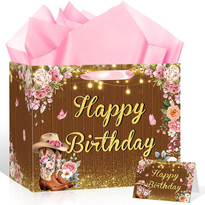 LUUFILx Cowgirl Birthday Gift Bag with Tissue Paper and Greeting Card Rustic Western Floral Gift Bag with Pink Roses & Cowgirl Boots Large Wood Design Paper Wrap Bag for Women Girls Party Supplies