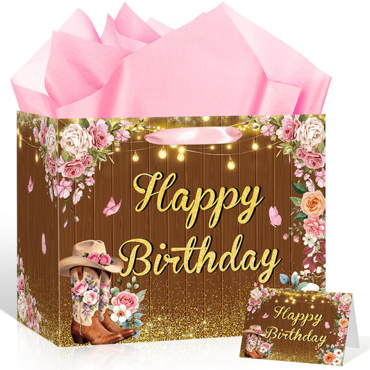 LUUFILx Cowgirl Birthday Gift Bag with Tissue Paper and Greeting Card Rustic Western Floral Gift Bag with Pink Roses & Cowgirl Boots Large Wood Design Paper Wrap Bag for Women Girls Party Supplies