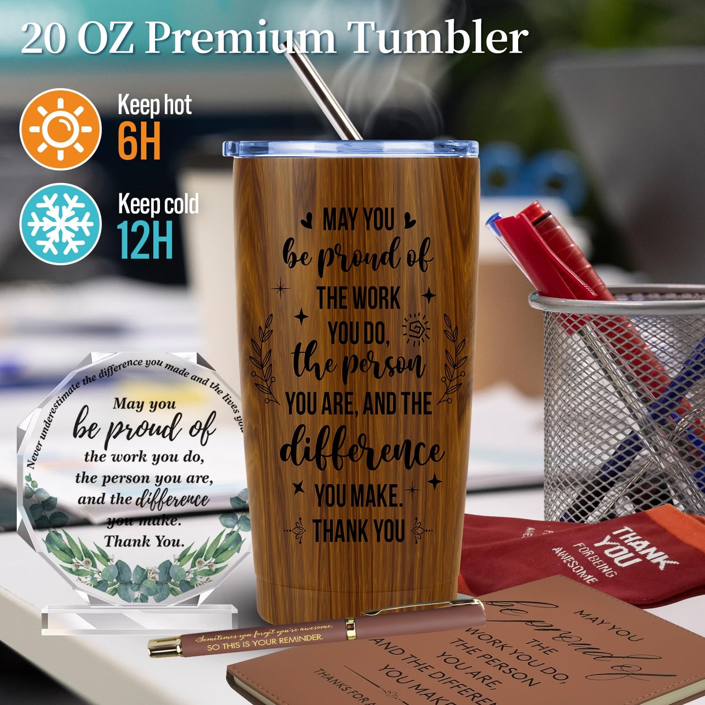 JTAMOHI 9 Pcs Employee Appreciation Gifts for Men, Best Coworker Appreciation Gifts with 20 Oz Tumbler, Leather Journal Notebook, Socks, Acrylic Award Plaque Sign, Thank You Gift for Employee