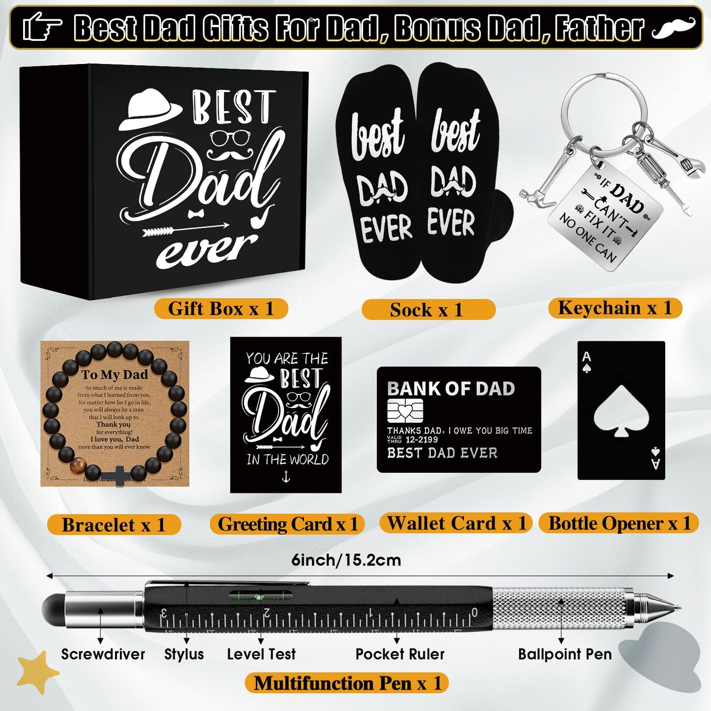 11 Pcs Best Dad Ever Gift, Father's Day Gifts, Dad Gifts for Men with 20 Oz Tumbler Socks Baseball Cap Tape Measure Bracelet Wallet Card Keychain, Fathers Day Birthday Christmas Gift for Dad Husband