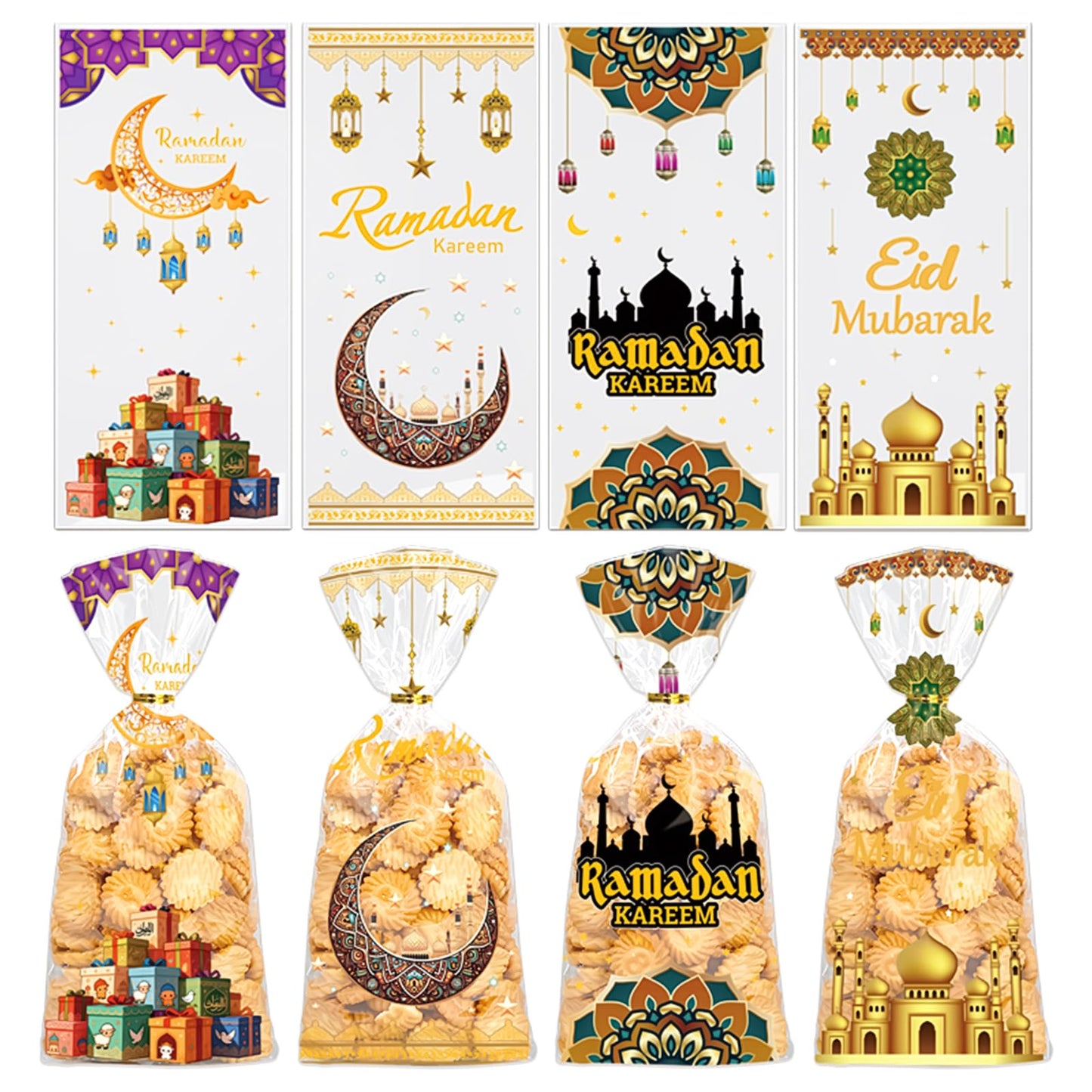 Totelux Eid Mubarak Cellophane Goodie Bags Clear Plastic Bag Ramadan kareem Treat Bags with Ties for Cookies Candy Gift Wrapping Muslim Eid Party Favor Supplies 50PCS