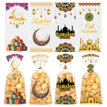 Totelux Eid Mubarak Cellophane Goodie Bags Clear Plastic Bag Ramadan kareem Treat Bags with Ties for Cookies Candy Gift Wrapping Muslim Eid Party Favor Supplies 50PCS