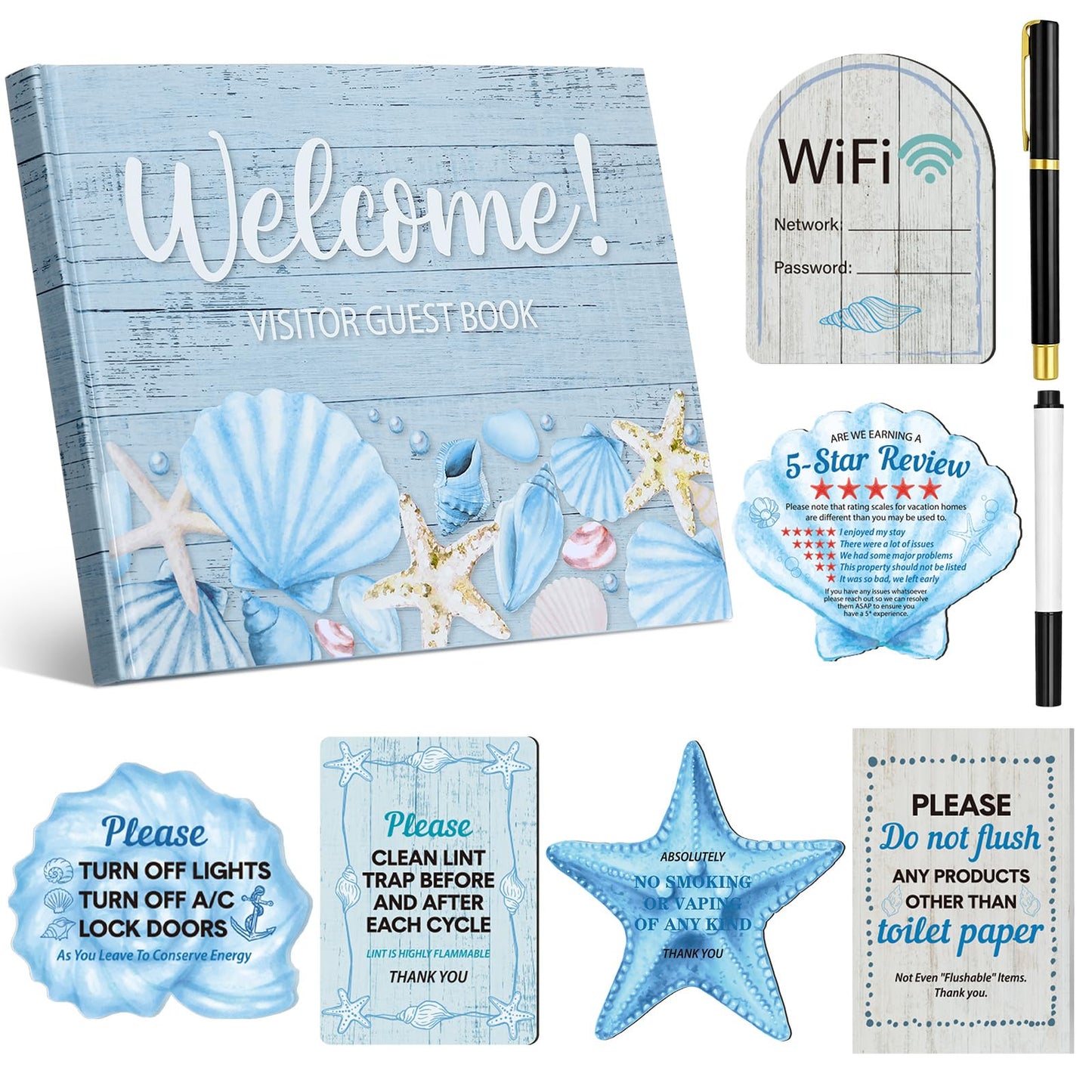 Eaasty 9 Pcs Rental House Essentials for Hosts 10 x 8 Inches 120 Pages Coastal Cabin Guest Book for Vacation Home Guesthouse Welcome Log Short Term Rentals Sign and Fridge Magnets