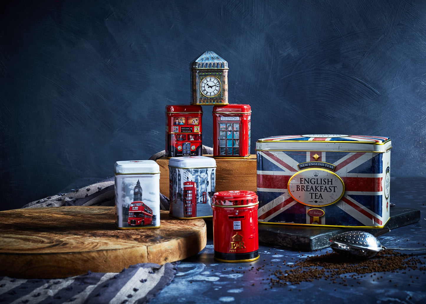 New English Teas Best of British Tea Collection - 6 Iconic London Tins Gift Set (Bus, Big Ben, Phone Box, Post Box) - 4.7oz Loose Leaf English Tea