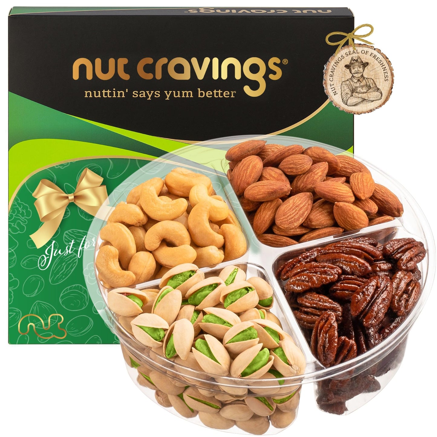 NUT CRAVINGS - Fathers Day Treats, Gift For Dad, Mixed Nuts Gift Basket in Green Gold Box (4 Assortments) Treats for Adults, Food Arrangement, Healthy Snack Care Package, Kosher