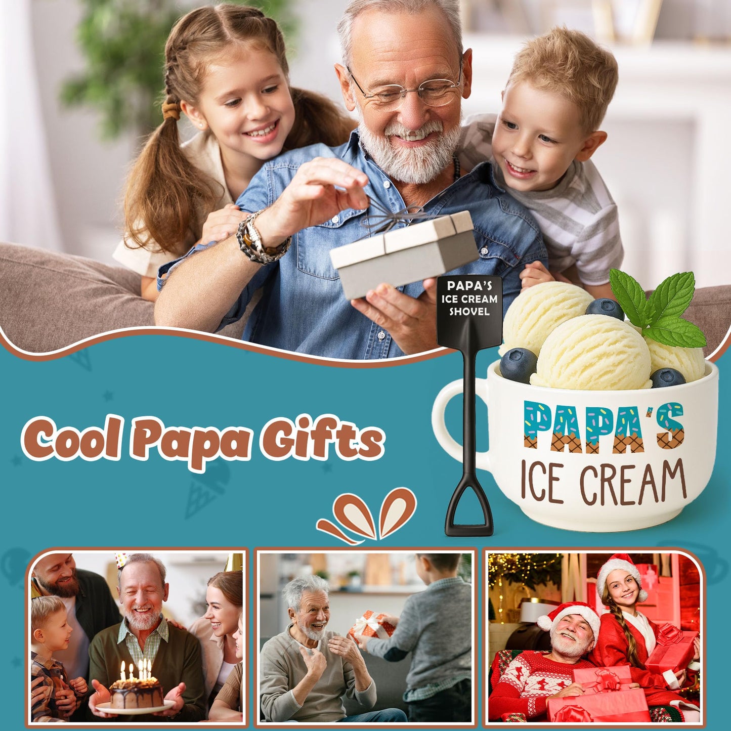 Funny Papa Gifts for Fathers Day from Granddaughter, Cool Birthday Grandparents Day Gift for Papa Grandpa from Grandkids Grandson, Novelty Papa's Ice Cream Bowl Presents Set