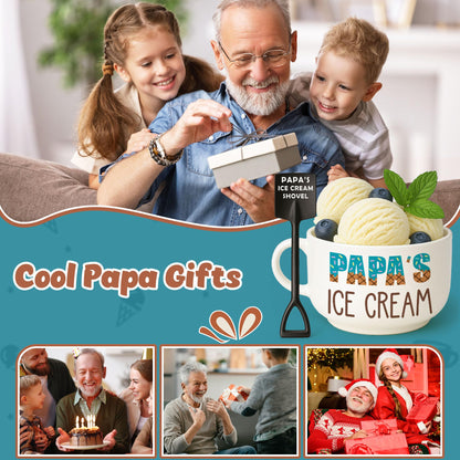 Funny Papa Gifts for Fathers Day from Granddaughter, Cool Birthday Grandparents Day Gift for Papa Grandpa from Grandkids Grandson, Novelty Papa's Ice Cream Bowl Presents Set