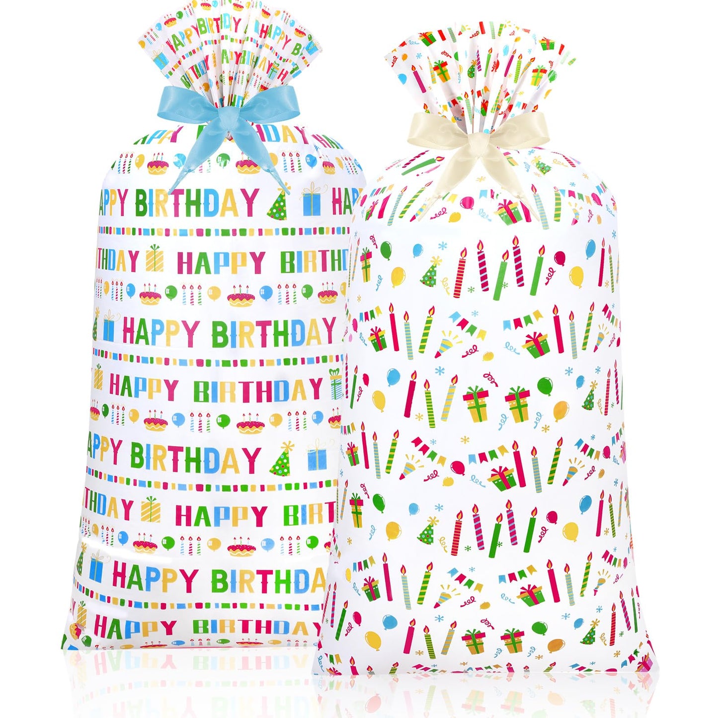 Teling 2 Pcs Large Birthday Plastic Gift Bags 70 x 40 Oversized Plastic Storage Bags with 2 Rolls Ribbons for Birthday Party, New Parents Shower, Bicycle Bike, Holiday