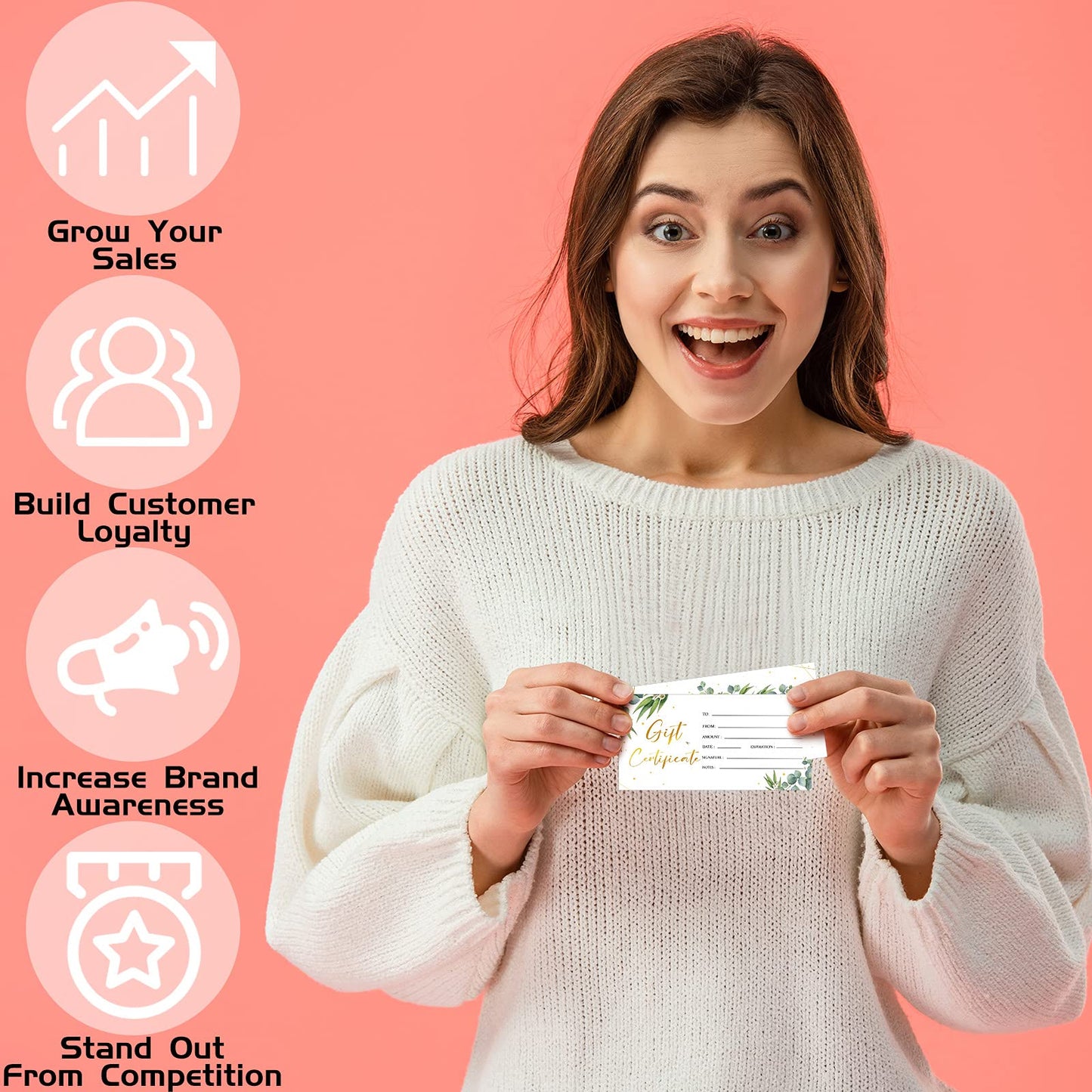 Chuangdi 100 Pcs Gift Certificate for Business Eucalyptus Blank Gift Certificate Cards Gold Foil Present Postcard Double-sided Customer Client Voucher Card for Wedding Birthday Beauty Salon Spa