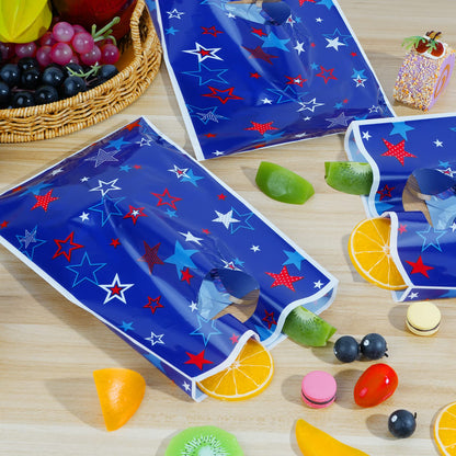 MASHAN 50 Pieces 4th of July Goodie Bags Bulk, Patriotic Gift Bags,Plastic Treat Gift Handles Bag with Red White Blue Star for Independence Day Memorial Day Veterans Day Decorations Party Supplies