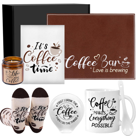 Coffee Lover Gifts, Coffee Gift Basket Set Includes Mug Spoon and Spoon Rest Towel Scented Candles Drying Mat Socks Birthday Christmas Gift Ideas for Women Men