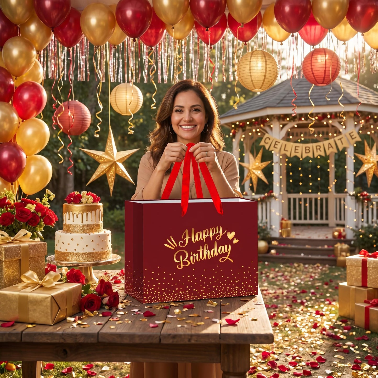 Burgundy Birthday Gift Bag with Tissue Paper Card Large Red Gold Foil Happy Wrapping Paper Bag Elegant Present Bags for Adult Women Men Mum Dad Milestone Birthday Supplies Premium Party Favors Decor