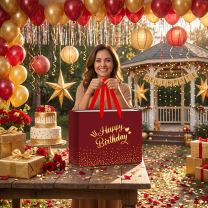 Burgundy Birthday Gift Bag with Tissue Paper Card Large Red Gold Foil Happy Wrapping Paper Bag Elegant Present Bags for Adult Women Men Mum Dad Milestone Birthday Supplies Premium Party Favors Decor