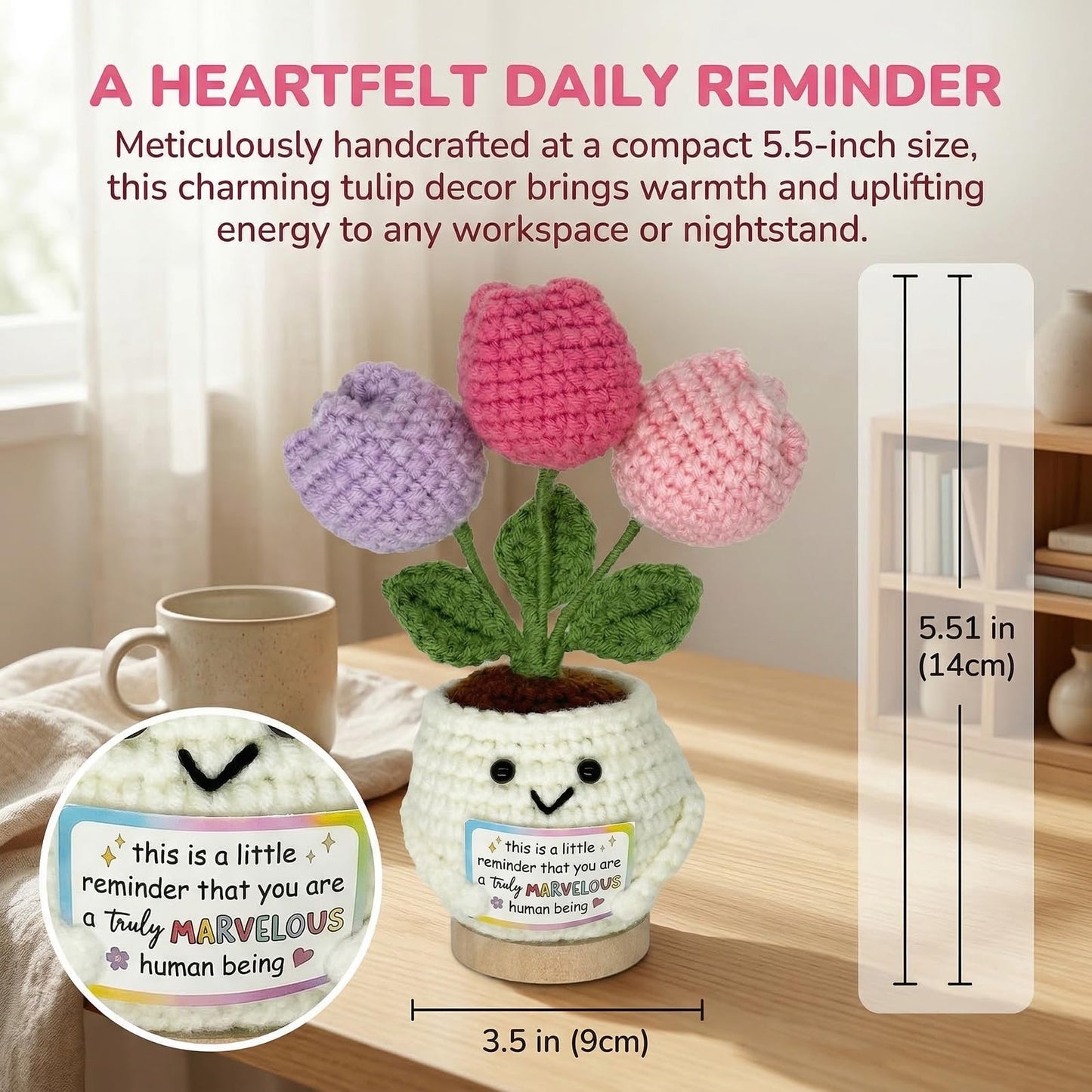 Handmade Crochet Tulip Doll, Positive Crochet Flowers, Perfect Teacher,Mothers Day, Birthday, Friendship Gifts for Women, Appreciation Gifts for Coworkers & Besties