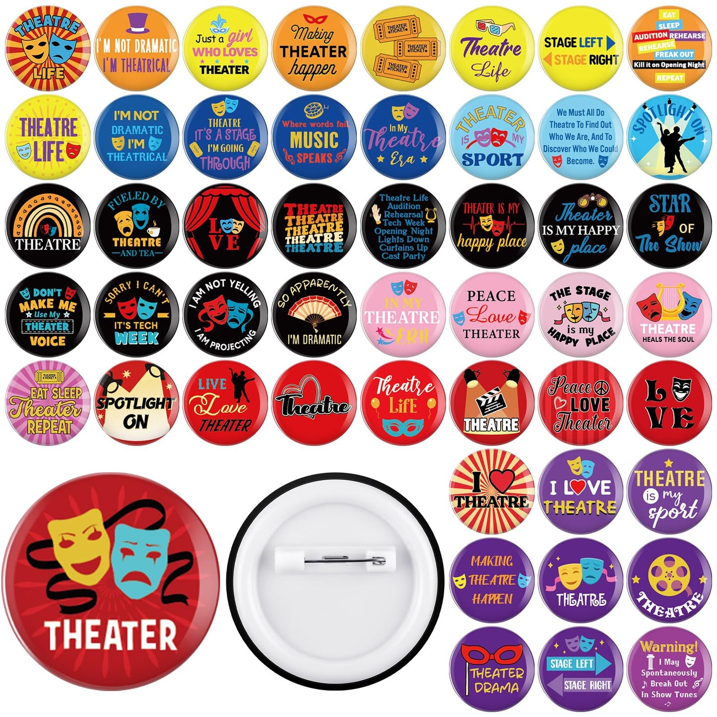 Landical 50 Pcs Theatre Gifts Set Theater Button Pins Bulk Musical Theater Badges Broadway Pins Comedy Tragedy Mask Drama Actor Gifts for Theatre Party Favors