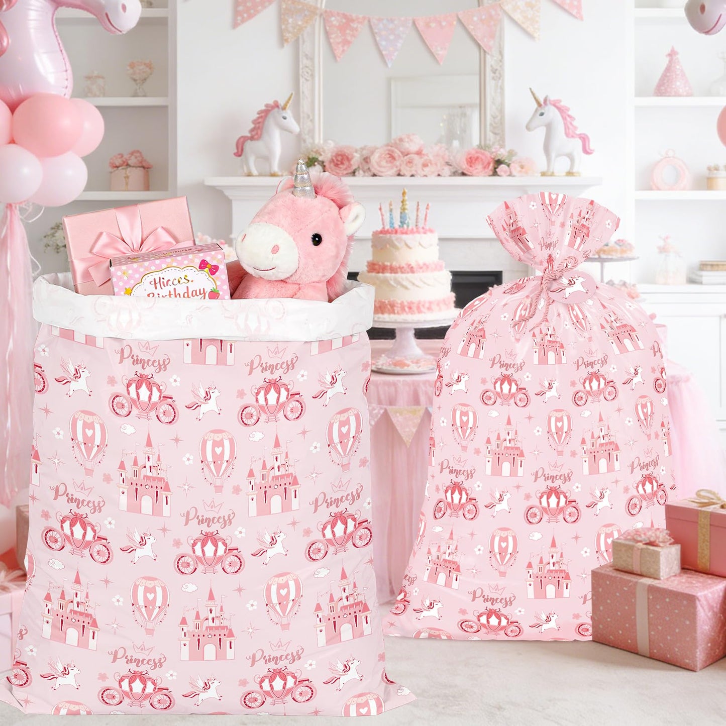 WRAPAHOLIC 56" Extra Large Princess Plastic Gift Bag - Princess Castle Design Pink Jumbo Bike Bag Gift Wrap for Kids Girls Birthday and Baby Girl Shower - 56" H x 36" W