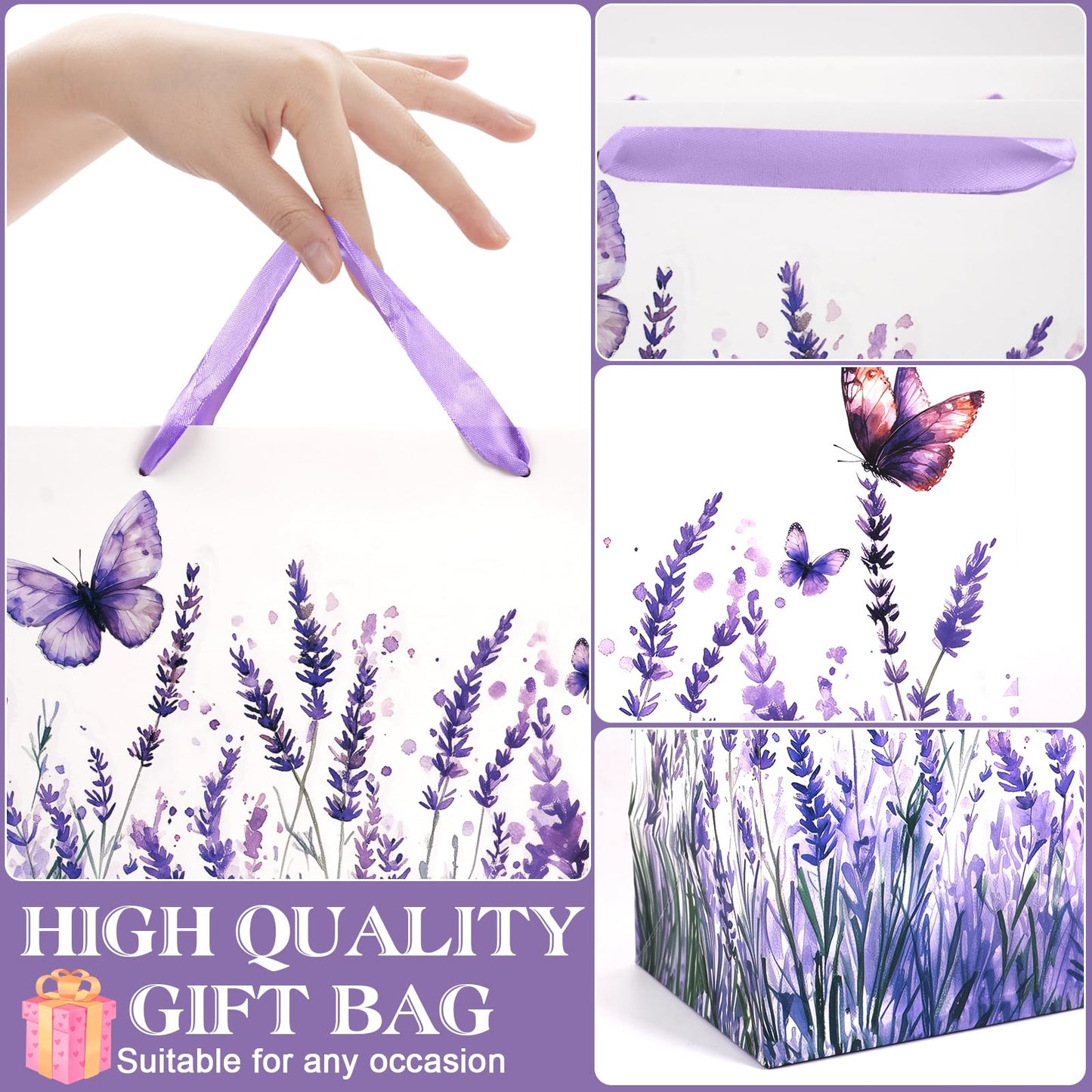 JOCOPUERTO Lavender Birthday Gift Bag - 13" Large Purple Butterfly Gift Bag with Tissue Paper and Card for Women Purple Themed Birthday Party Supplies