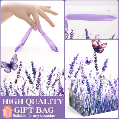 JOCOPUERTO Lavender Birthday Gift Bag - 13" Large Purple Butterfly Gift Bag with Tissue Paper and Card for Women Purple Themed Birthday Party Supplies