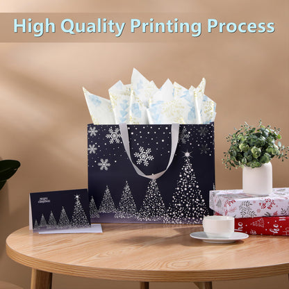 Bobobag 13" Deep Blue Large Christmas Gift Bag with Tissue Paper and Greeting Card, Personalized Platinum Quality Gift Bag for Man's Present
